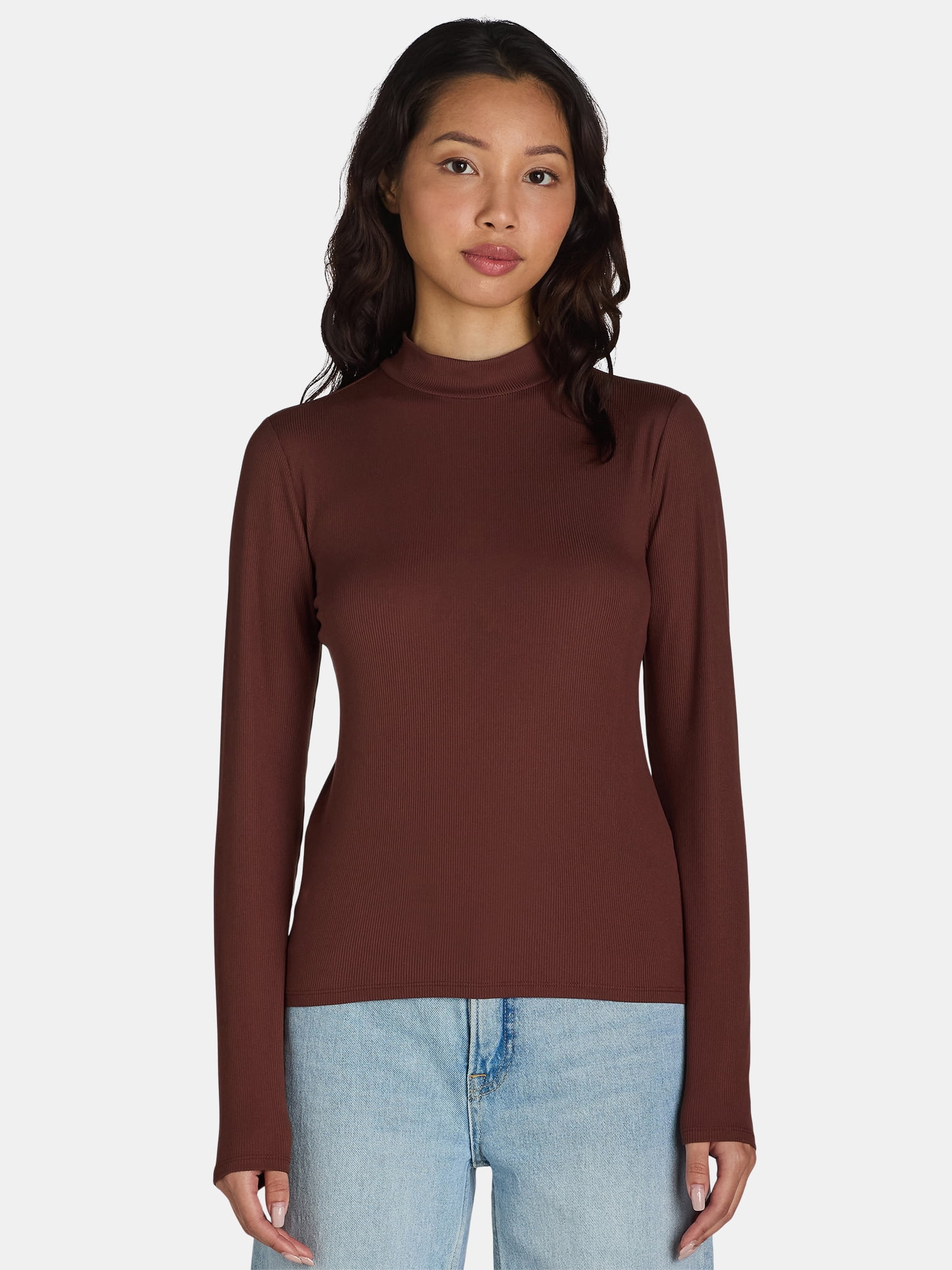 No Boundaries Ribbed Mock Neck Top with Long Sleeves, Women’s and Women’s Plus