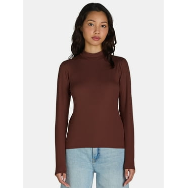 No Boundaries Ribbed Mock Neck Top with Long Sleeves, Women’s and Women’s Plus