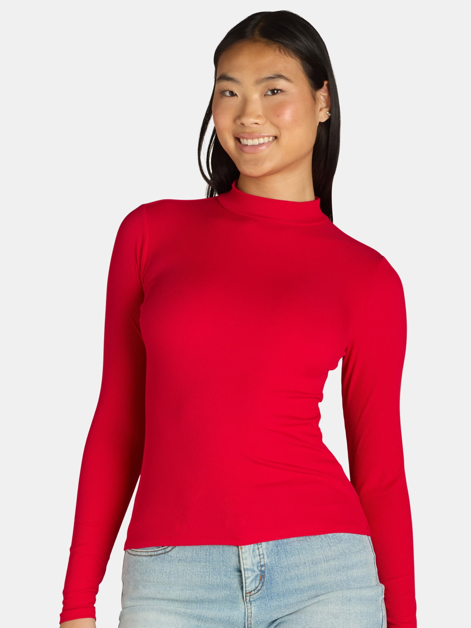 No Boundaries Ribbed Mock Neck Top with Long Sleeves, Women's and