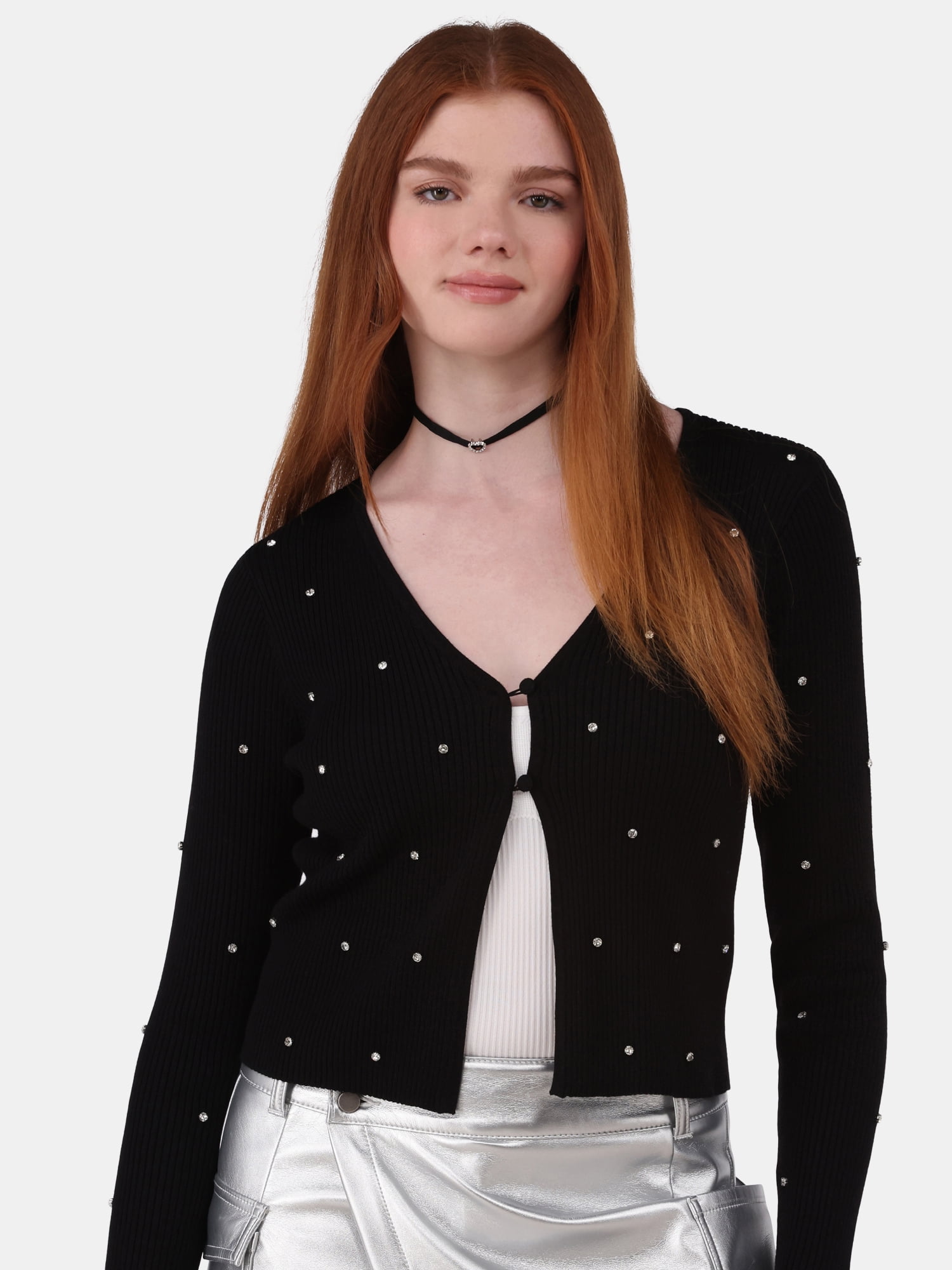 No Boundaries Ribbed Rhinestone Cardigan, Women’s and Women’s Plus