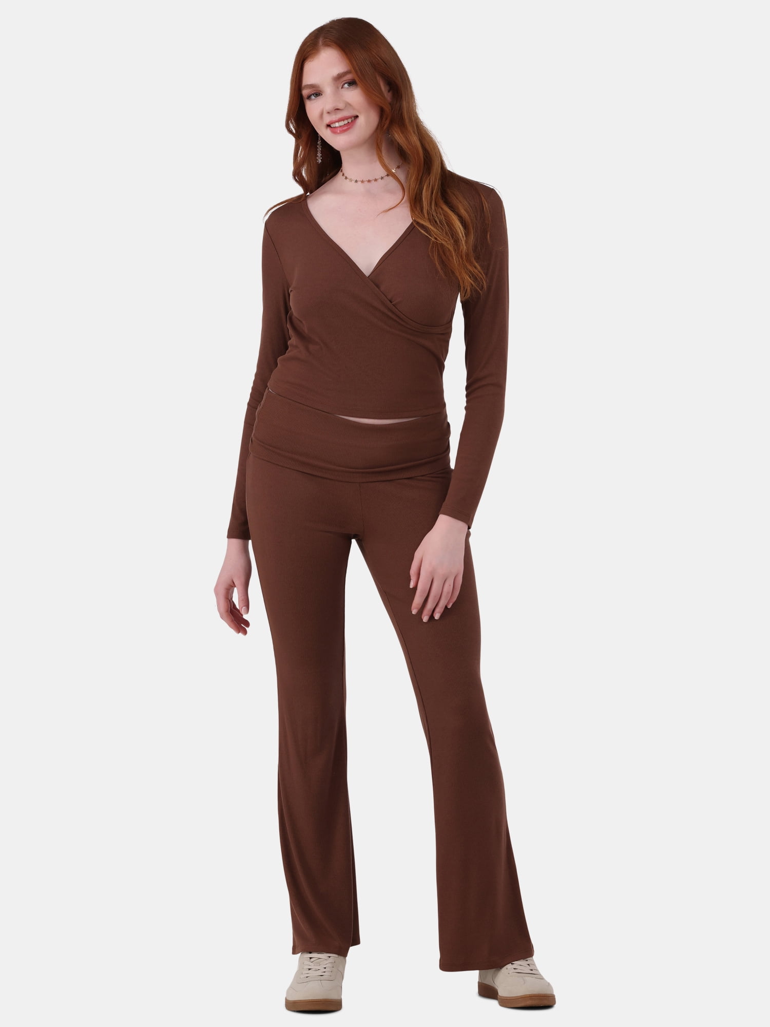 No Boundaries Ribbed Top and Flare Pants Pajama Set, 2-Piece, Women’s and Women’s Plus