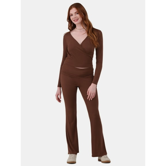 No Boundaries Ribbed Top and Flare Pants Pajama Set, 2-Piece, Women’s and Women’s Plus