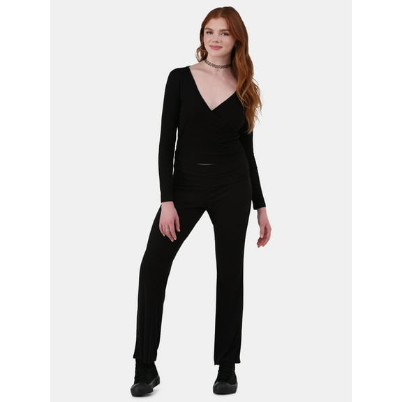 No Boundaries Ribbed Top and Flare Pants Pajama Set, 2-Piece, Women’s and Women’s Plus