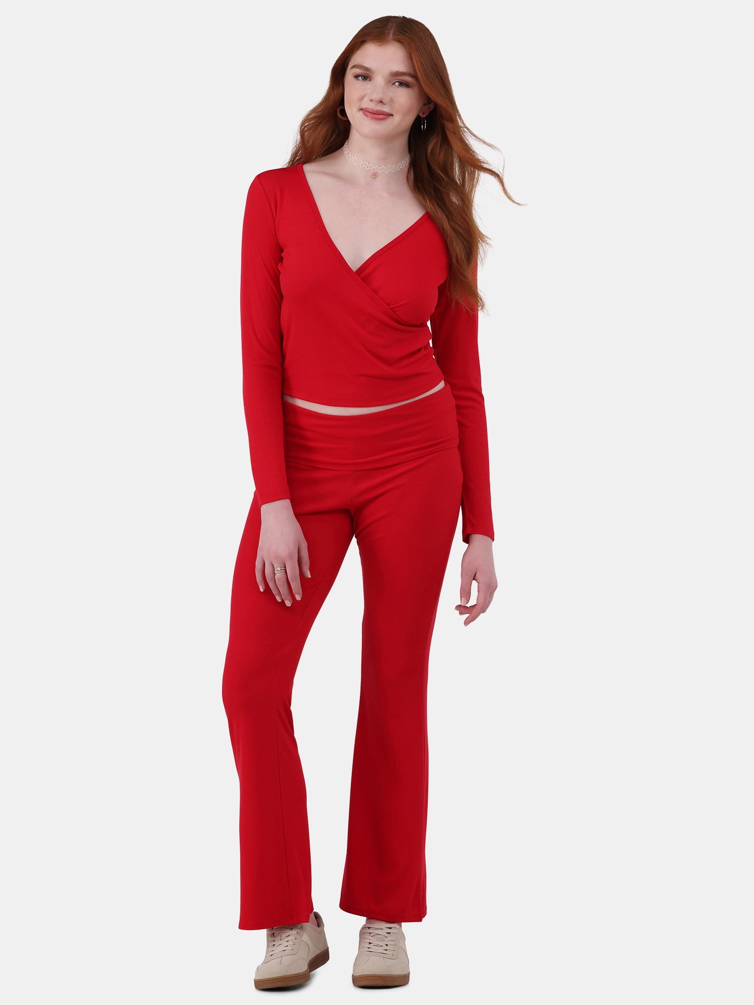 No Boundaries Ribbed Top and Flare Pants Pajama Set, 2-Piece, Women’s and Women’s Plus