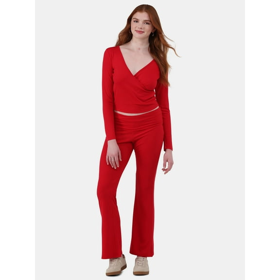 No Boundaries Ribbed Top and Flare Pants Pajama Set, 2-Piece, Women’s and Women’s Plus