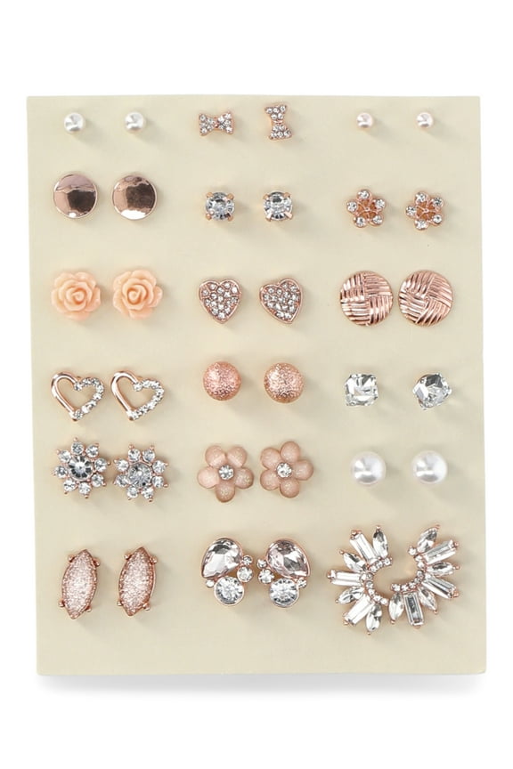 Rose Gold-Tone Floral Crystal Earrings Set, 18-Pack, Women’s