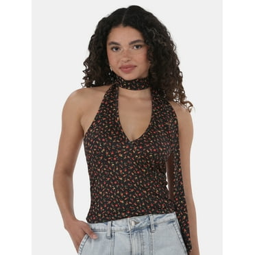 No Boundaries Rose Print Halter Scarf Top, Women's