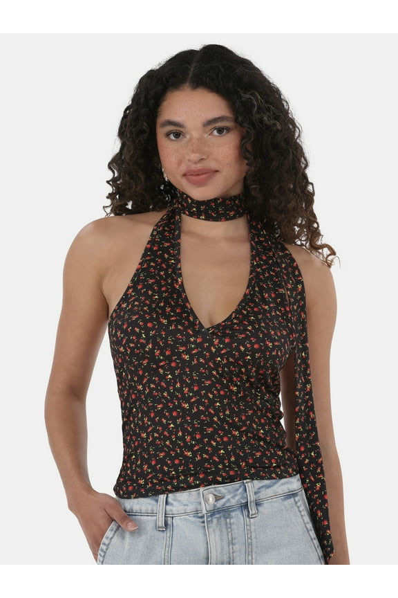 Rose Print Halter Scarf Top, Women's
