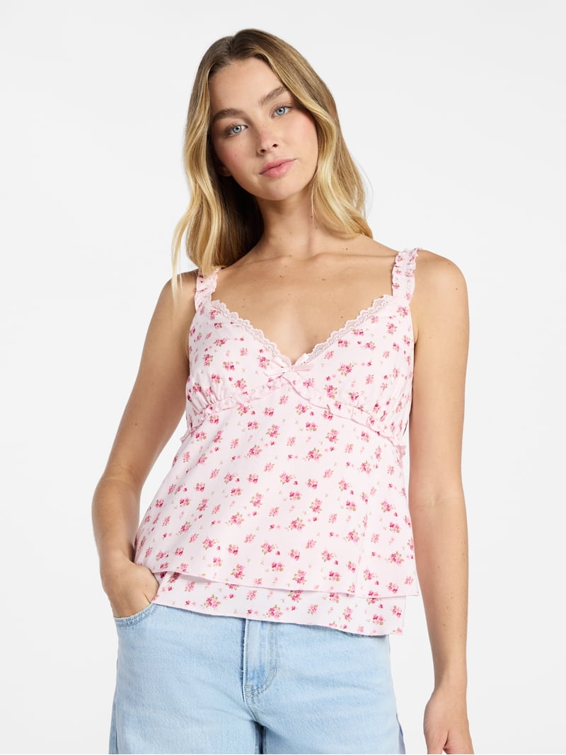 No Boundaries Floral Print Ruffle Cami, Women's XXS-XXL - Walmart.com