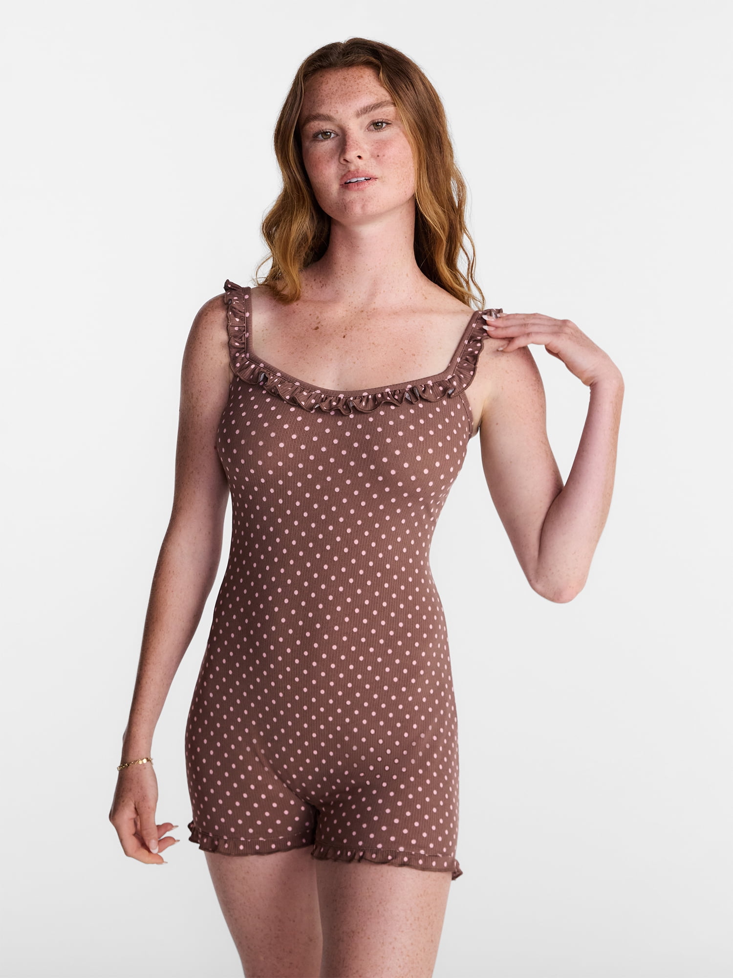 No Boundaries Ruffle Neck Sleep Romper, Women's XS-XXL
