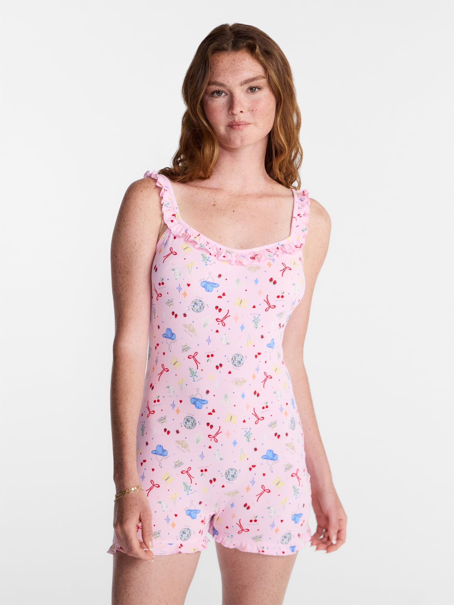 No Boundaries Ruffle Neck Sleep Romper, Women's XS-XXL