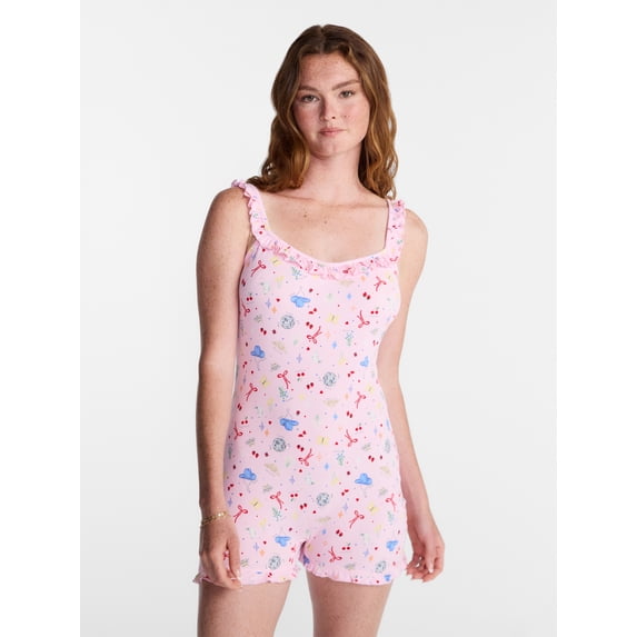 No Boundaries Ruffle Neck Sleep Romper, Women's XS-XXL