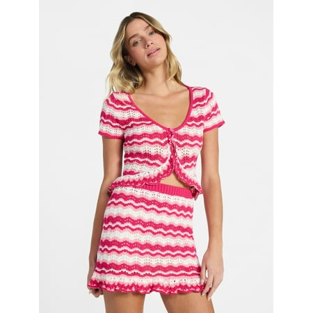 No Boundaries Ruffle Pointelle Cardigan and Skirt Set, 2-Piece, Women’s XXS-XXL