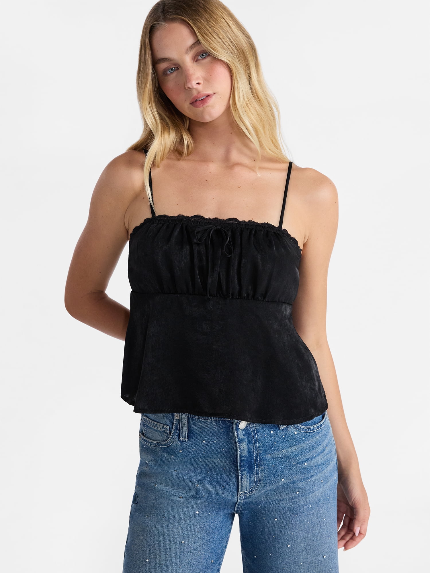 No Boundaries Satin Cami with Lace Trim and Tie, Women's