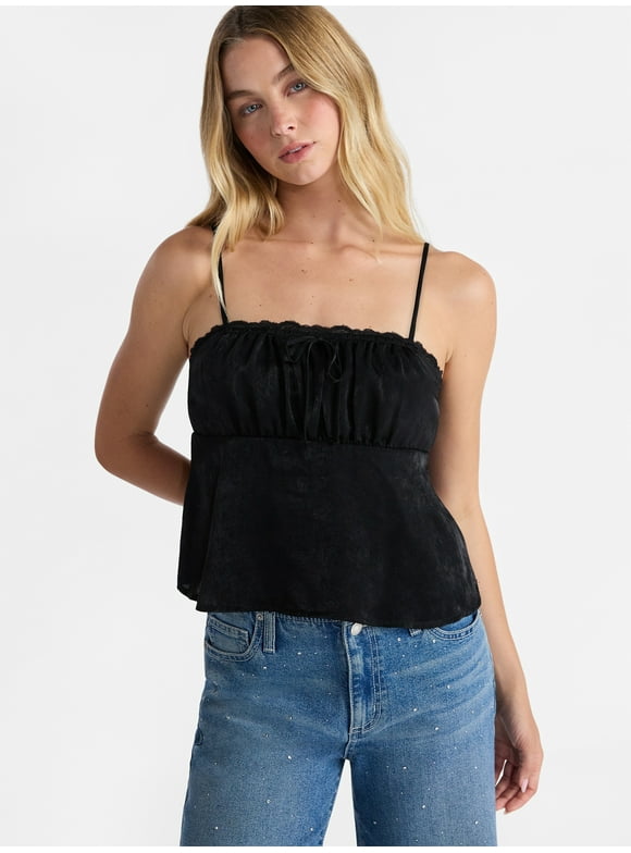 Satin Cami with Lace Trim and Tie, Women's