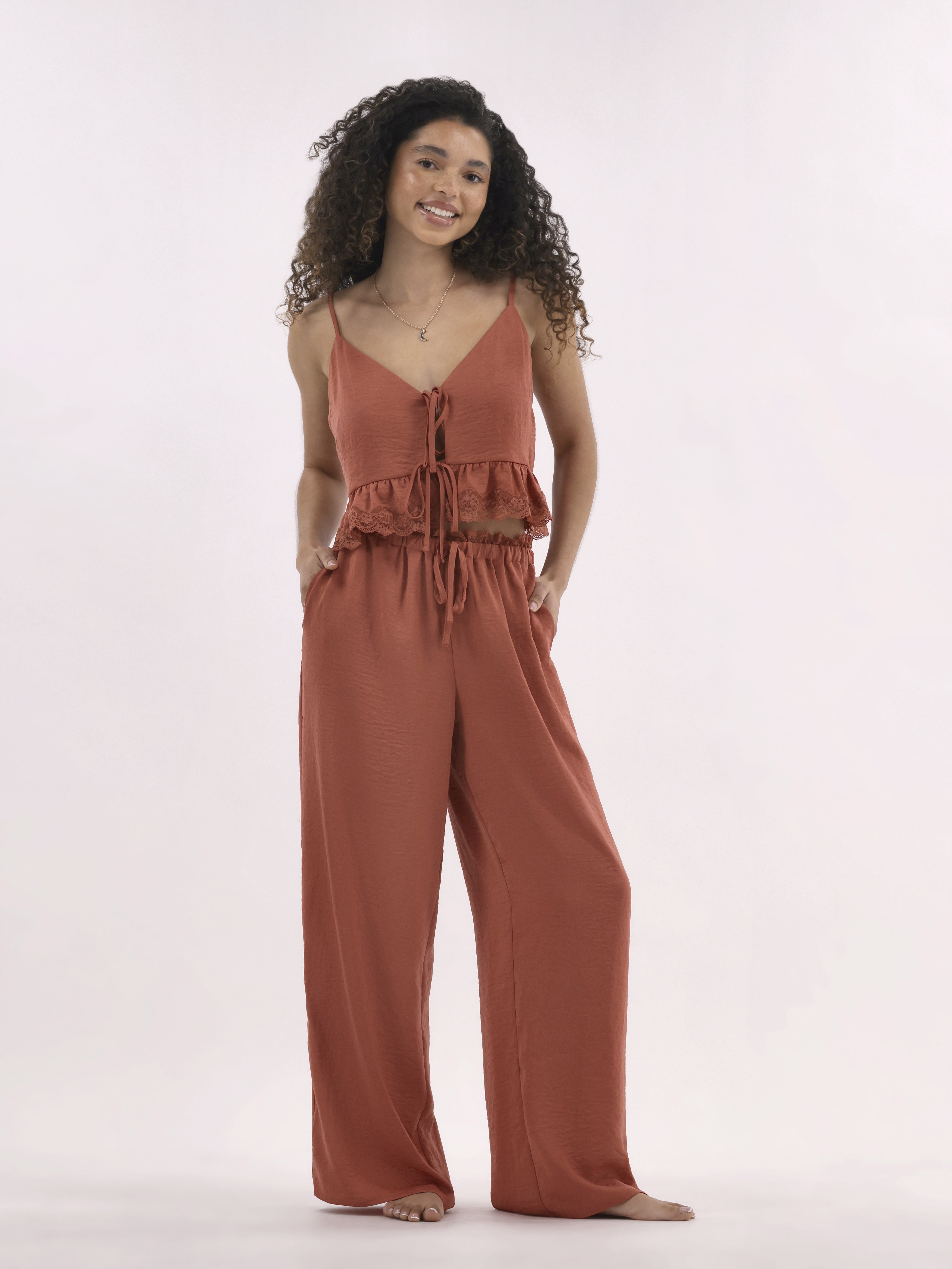 No Boundaries Satin Sleep Pants with Scallop Lace Trim, 30.75
