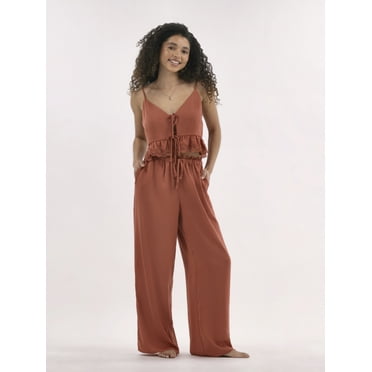 No Boundaries Satin Sleep Pants with Scallop Lace Trim, 30.75'' Inseam, Women’s