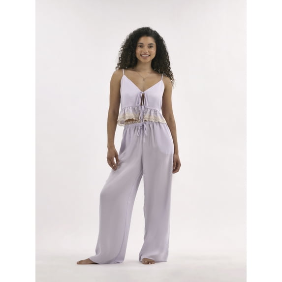 No Boundaries Satin Sleep Pants with Scallop Lace Trim, 30.75'' Inseam, Women’s