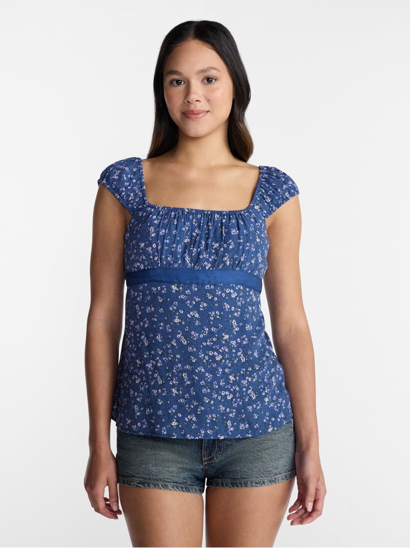 No Boundaries Babydoll Top with Satin Trim, Women's XXS-XXL