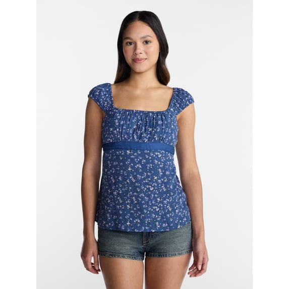 No Boundaries Babydoll Top with Satin Trim, Women’s XXS-XXL
