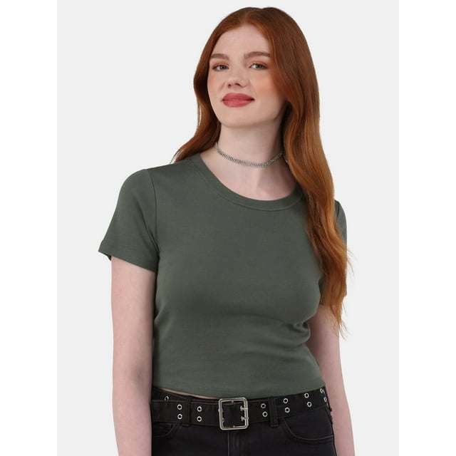 No Boundaries Scoop Neck Cotton Tee with Short Sleeves, Women's