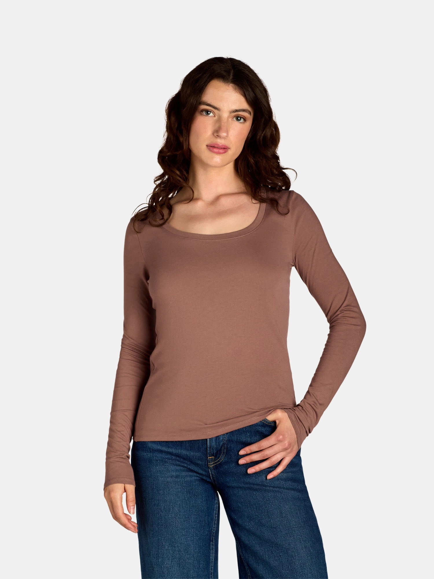 No Boundaries Scoop Neck Everyday Tee with Long Sleeves, 1 and 3 Pack, Women's