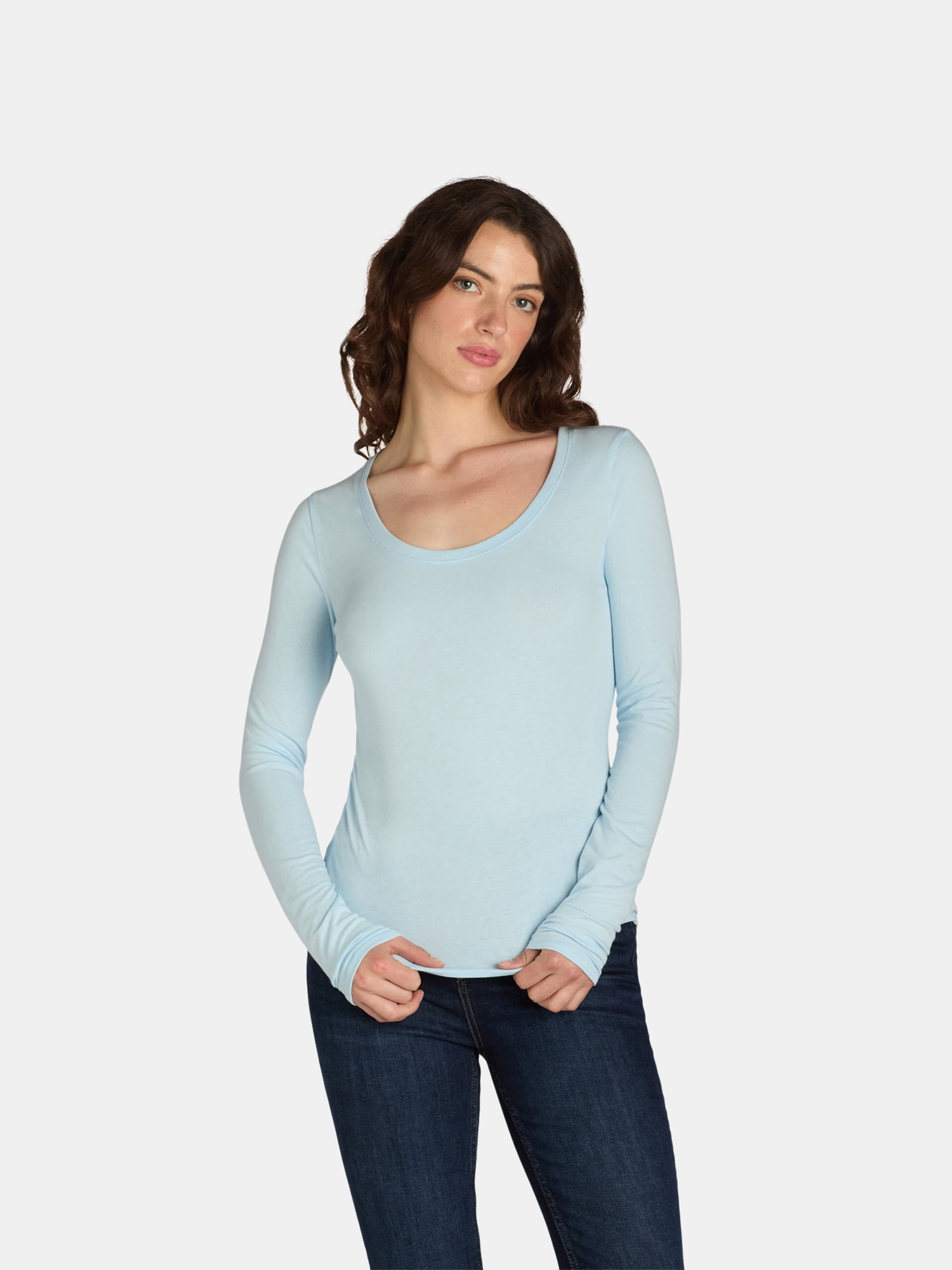 No Boundaries Scoop Neck Everyday Tee with Long Sleeves, 1 and 3 Pack, Women's