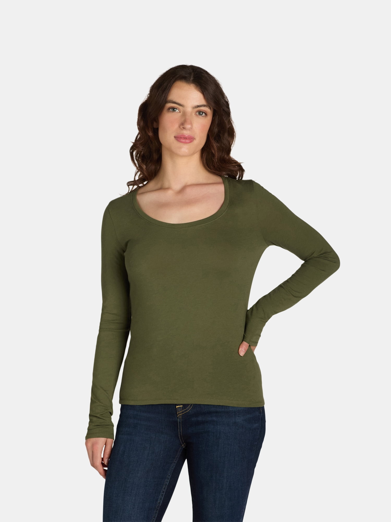 No Boundaries Scoop Neck Everyday Tee with Long Sleeves, 1 and 3 Pack, Women's