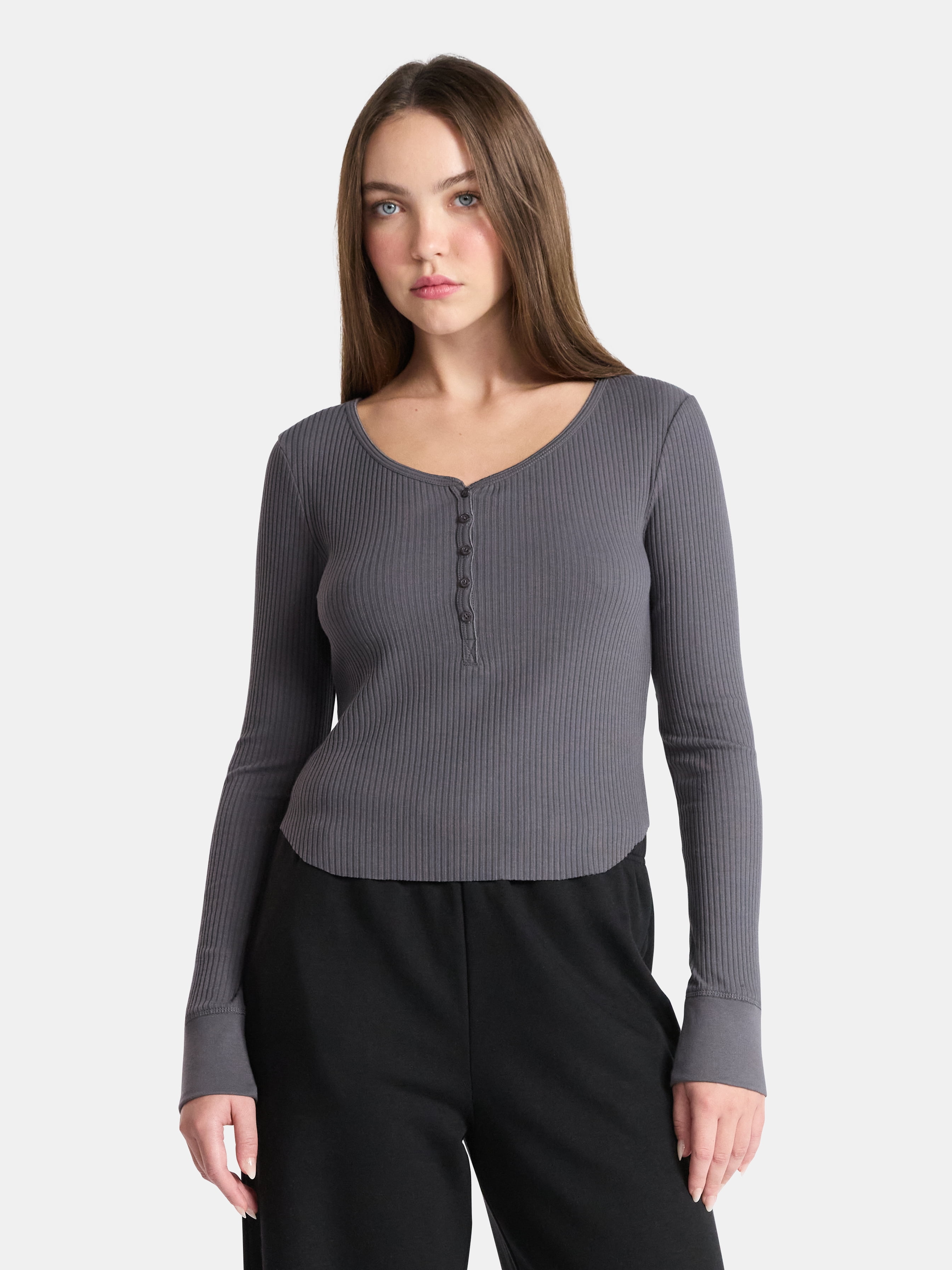 No Boundaries Scoop Neck Shirttail Henley Top with Long Sleeves, Women’s