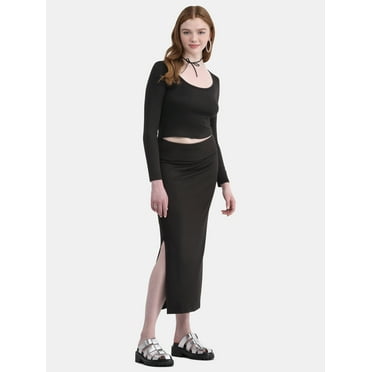 No Boundaries Scoop Neck Top with Long Sleeves and Foldover Slit Skirt Set, 2-Piece, Women's
