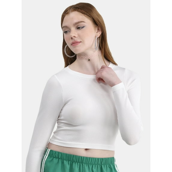 No Boundaries Seamless Ribbed Tee with Long Sleeves, Women's XXS-XXL