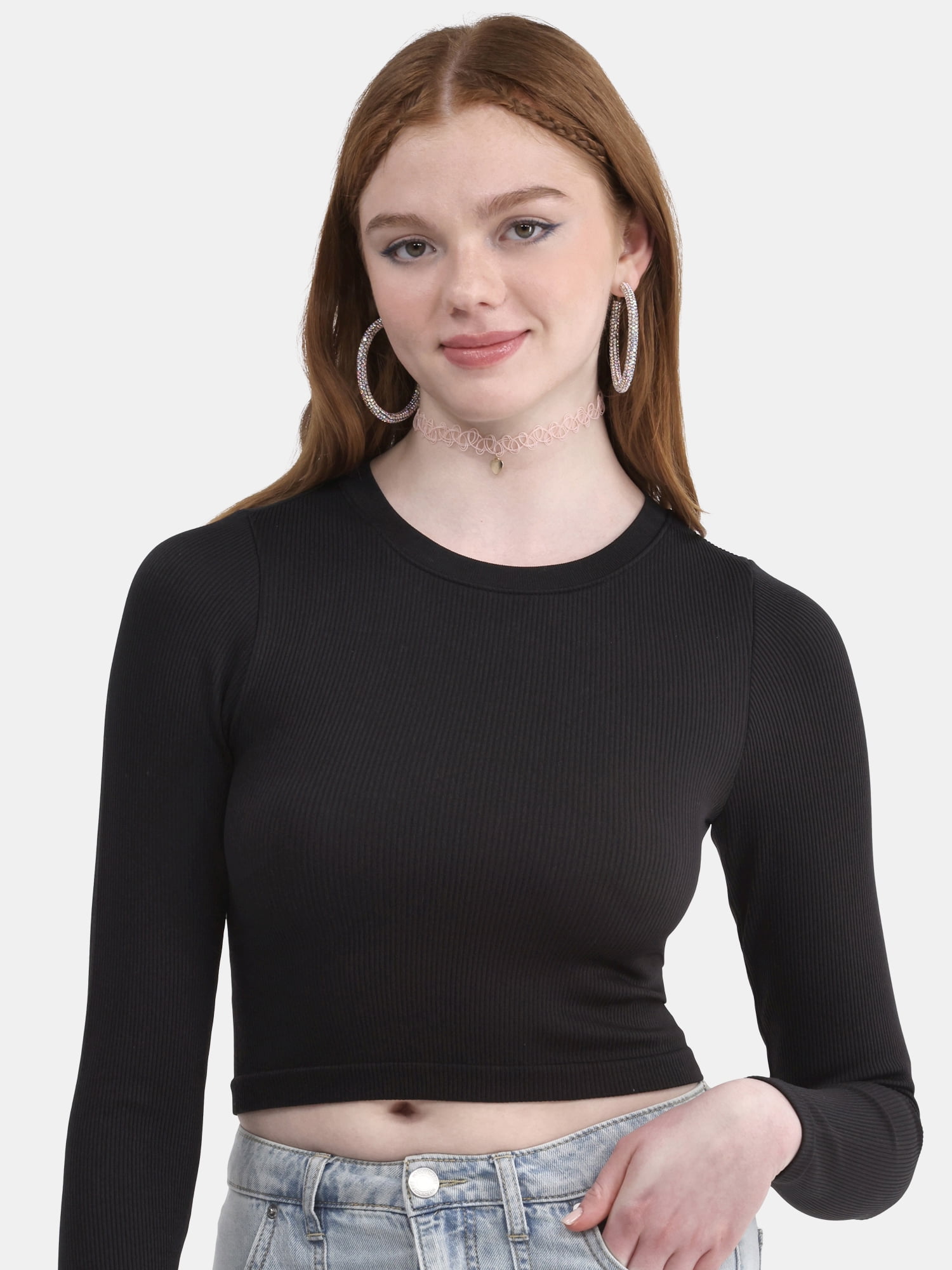No Boundaries Seamless Ribbed Tee with Long Sleeves, Women's XXS-XXL