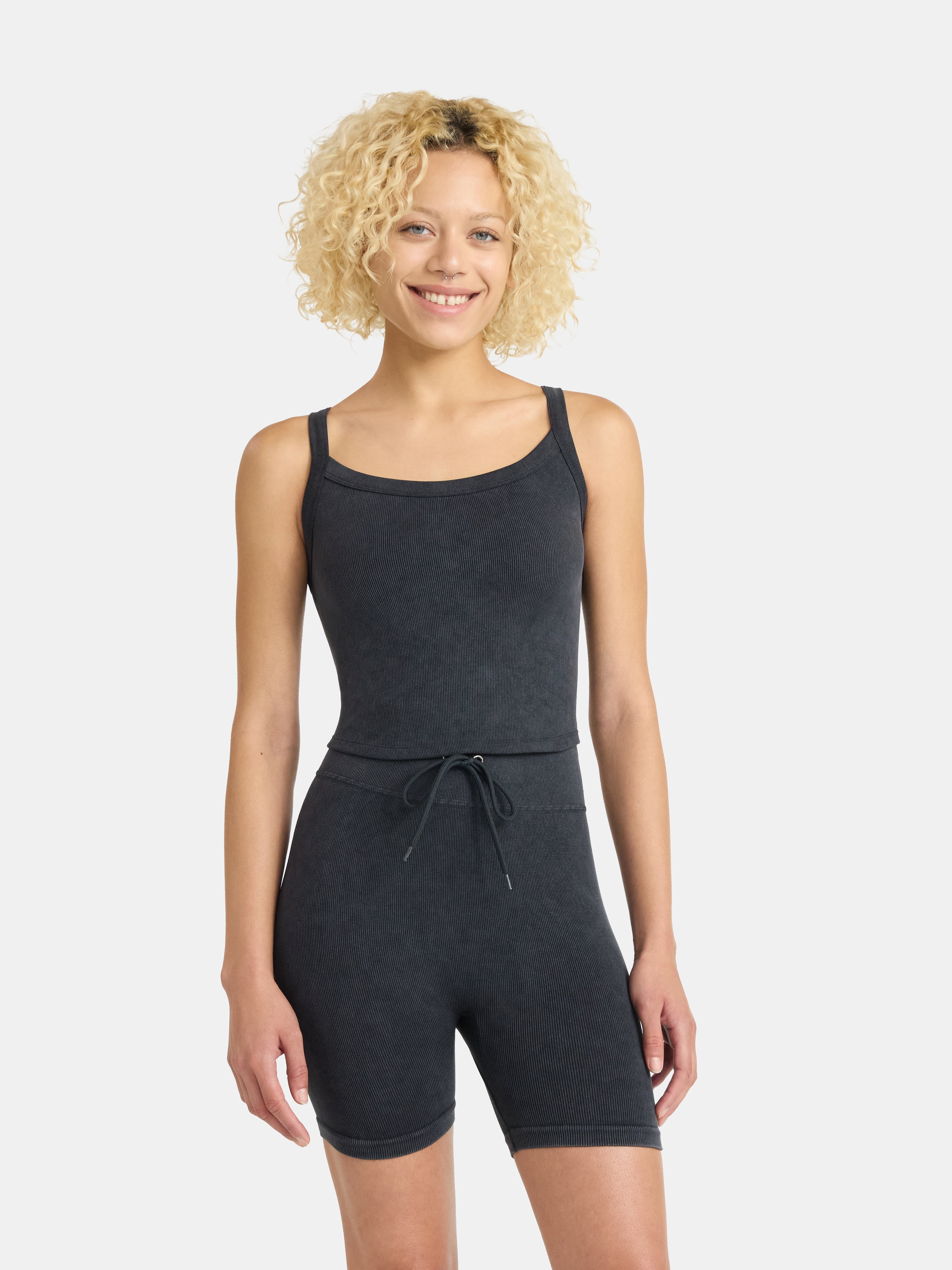 No Boundaries Seamless Shirttail Tank and Tie Front Bike Shorts Set, 2-Piece, Women's