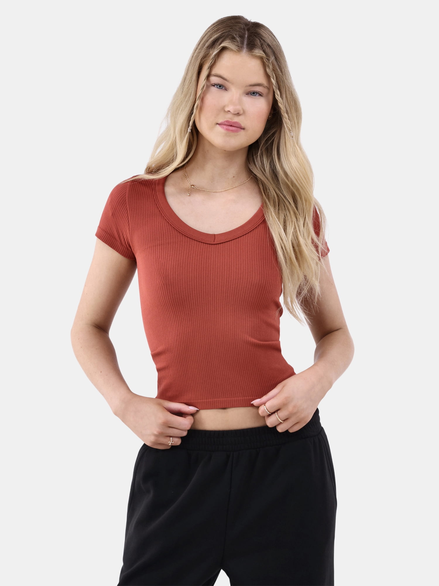 No Boundaries Seamless V-Neck Tee, Women's and Women's Plus