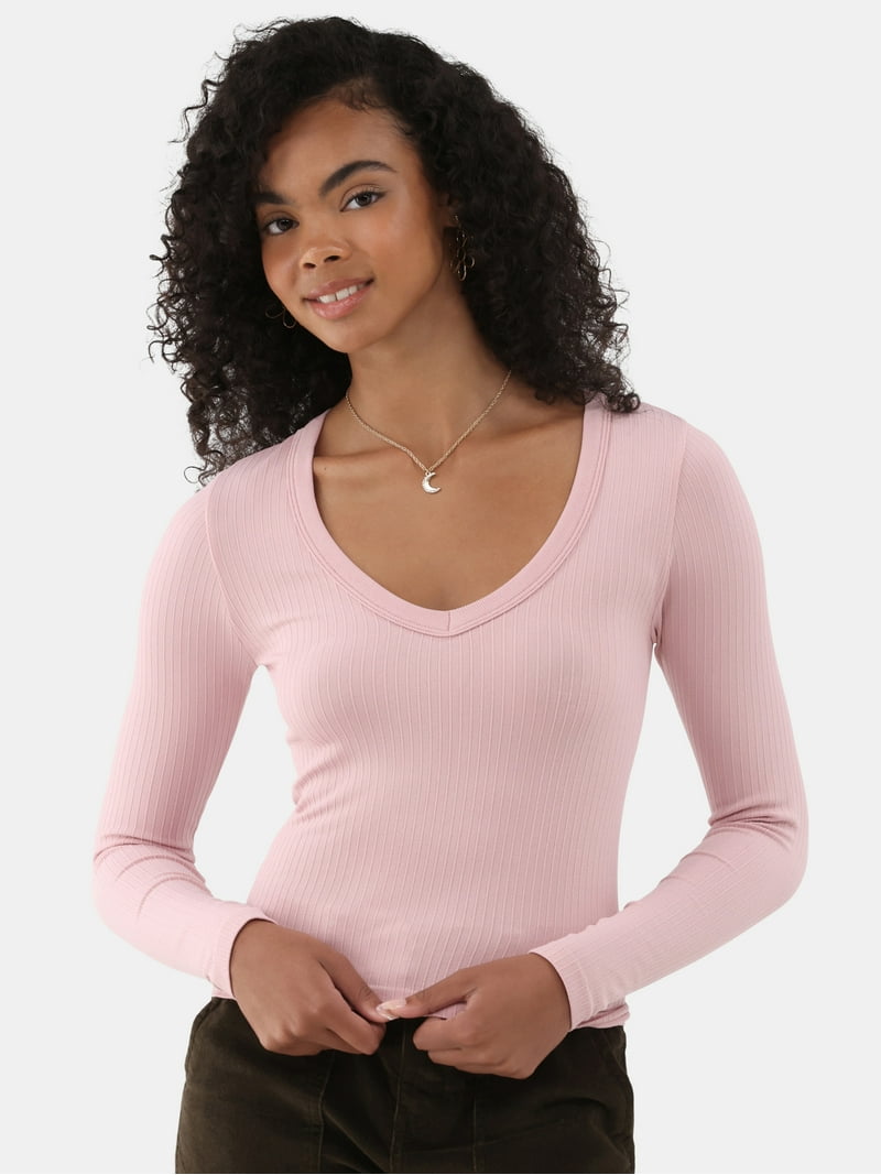 No Boundaries Seamless V-Neck Top with Long Sleeves, Women's XXS