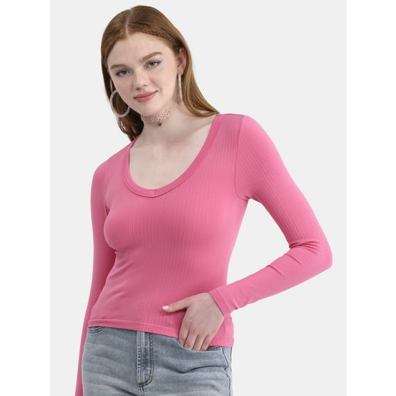 No Boundaries Seamless V-Neck Top with Long Sleeves, Women's XXS-XXL