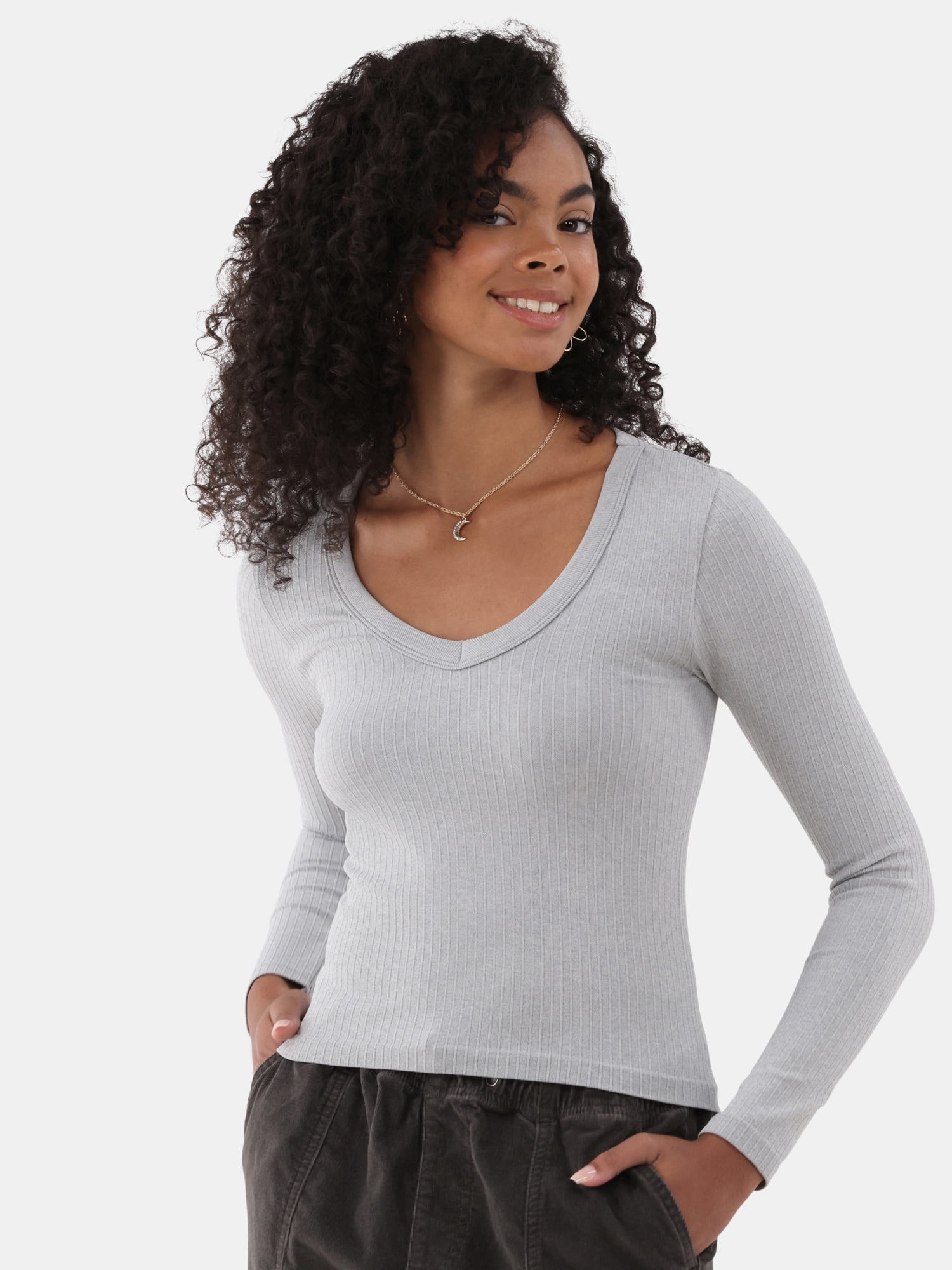 No Boundaries Seamless V-Neck Top with Long Sleeves, Women's XXS-XXL