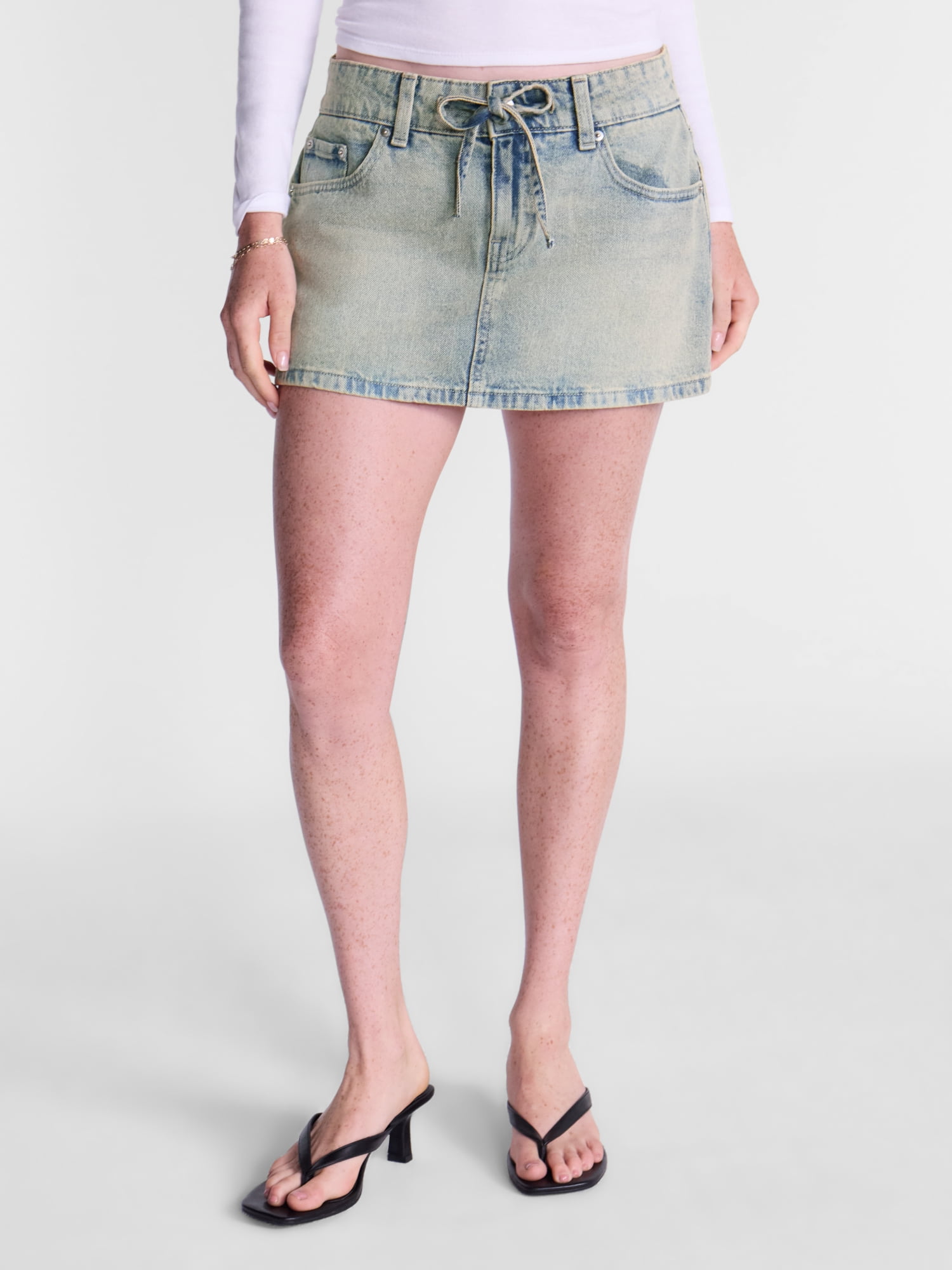 No Boundaries Self Tie Denim Cotton Mini Skort, Women’s XXS-XXL