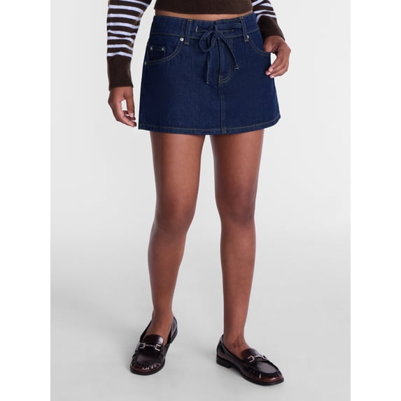 No Boundaries Self Tie Denim Cotton Mini Skort, Women’s XXS-XXL