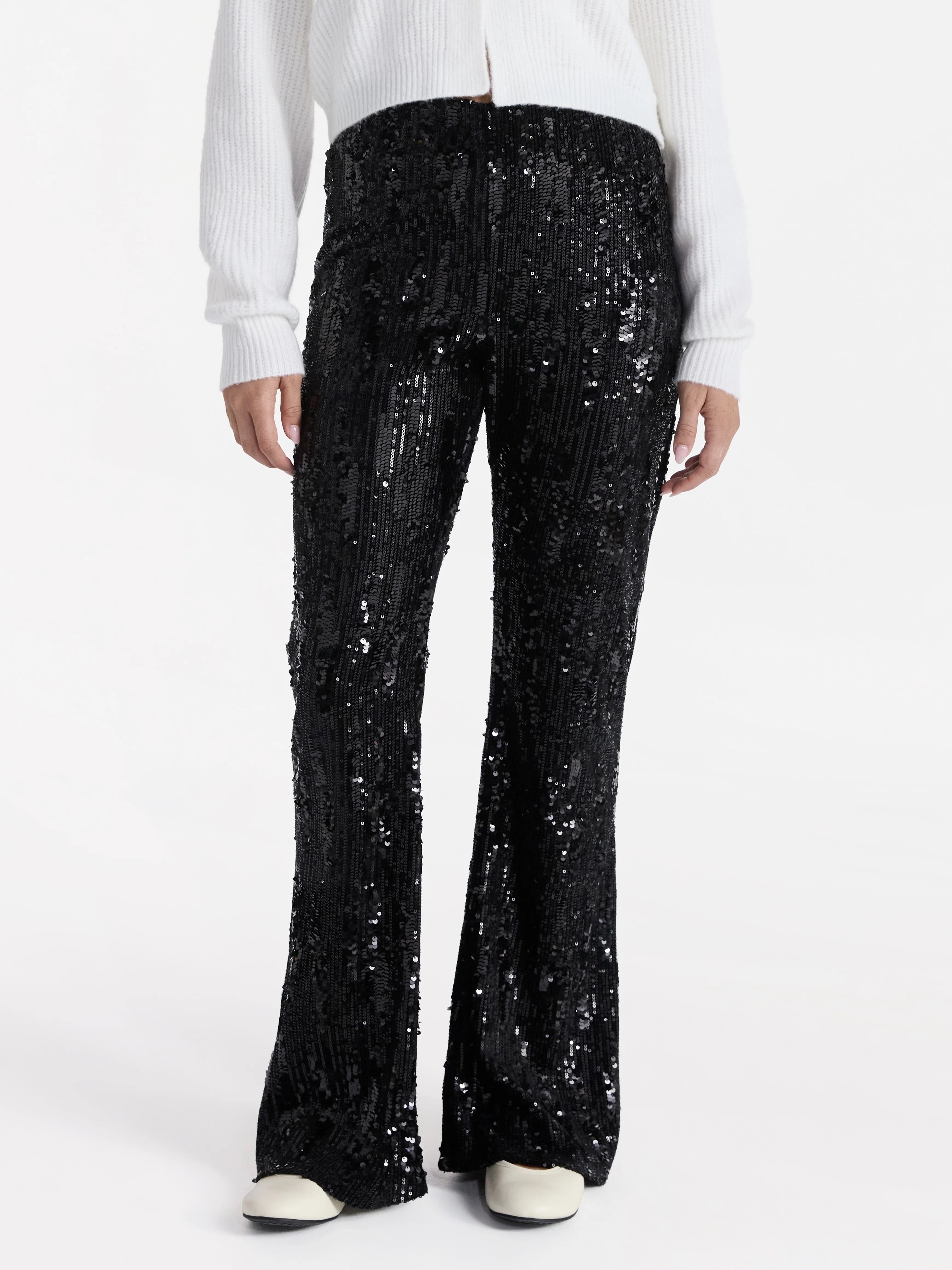 No Boundaries Sequin Flare Pants, Women's and Women's Plus