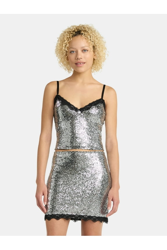 Sequin Mesh Tank Top and Lace Mini Skirt Set, 2-Piece, Women's