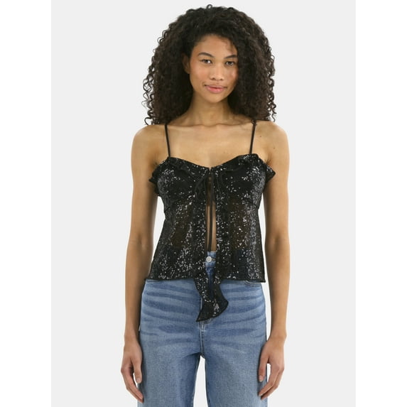 No Boundaries Sequin Ruffle Tie Front Cami, Women's