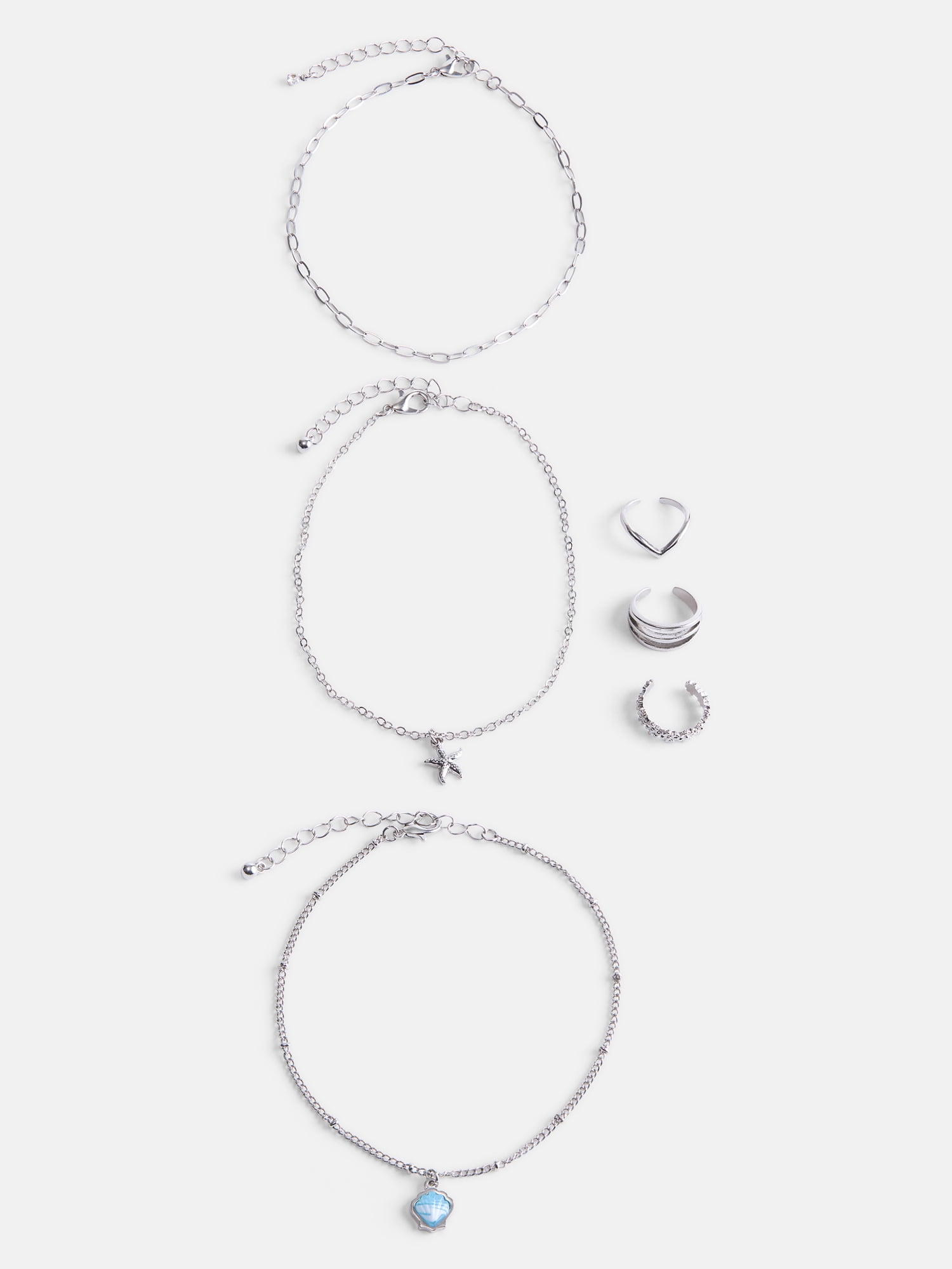 No Boundaries Silver Tone Shell and Starfish Anklets and Toe Rings Set, 6 Piece
