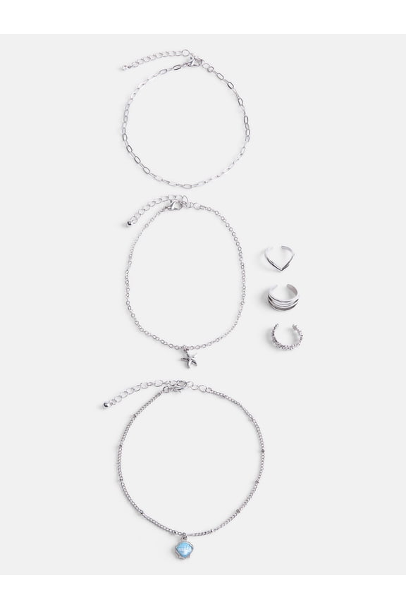 Silver Tone Shell and Starfish Anklets and Toe Rings Set, 6 Piece