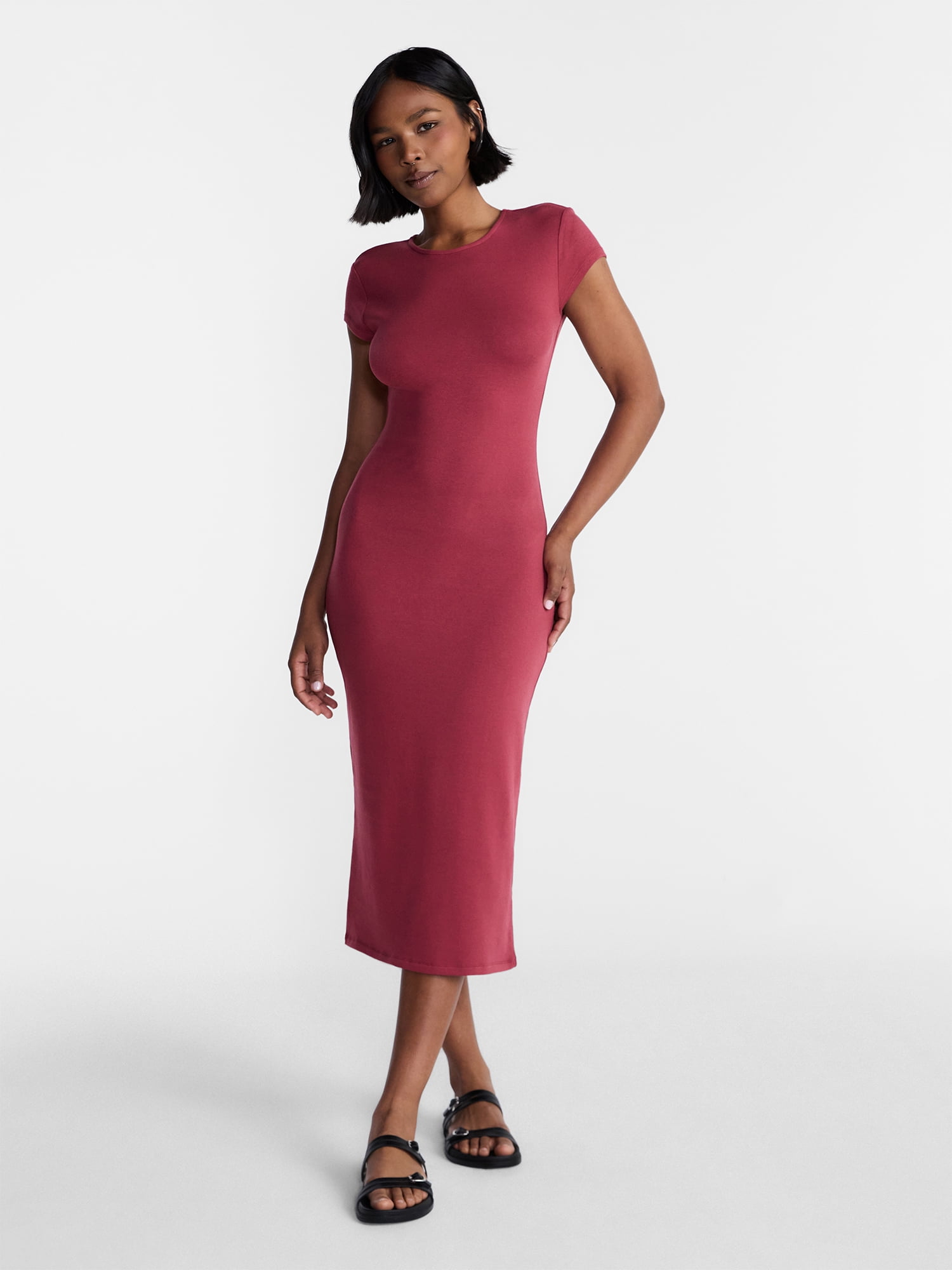 No Boundaries Crewneck Midi Dress with Short Sleeves, Women's XXS-XXL