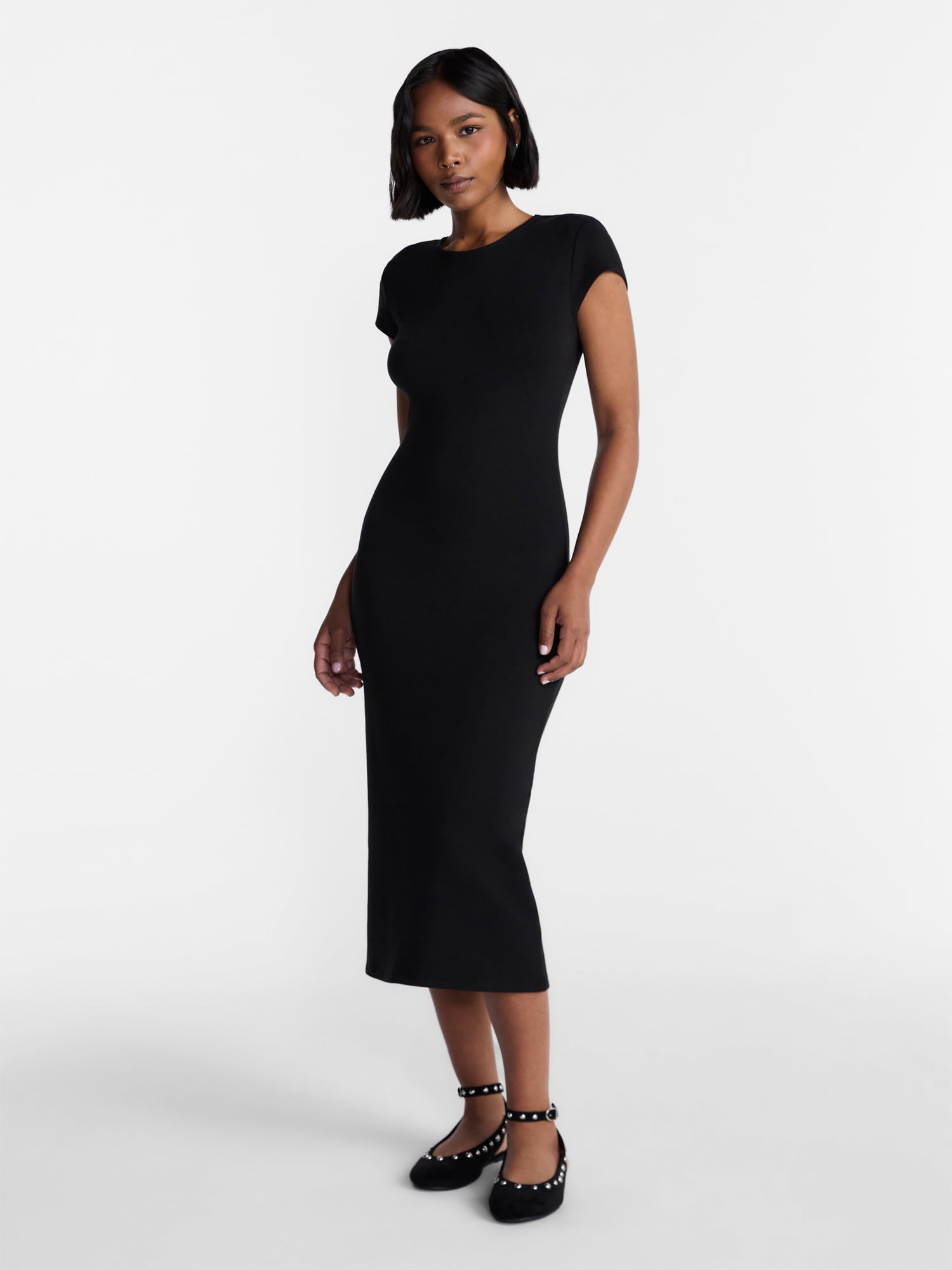 no boundaries black dress No Boundaries Crewneck Midi Dress with Short Sleeves, Women's Xxs-xxl, Black