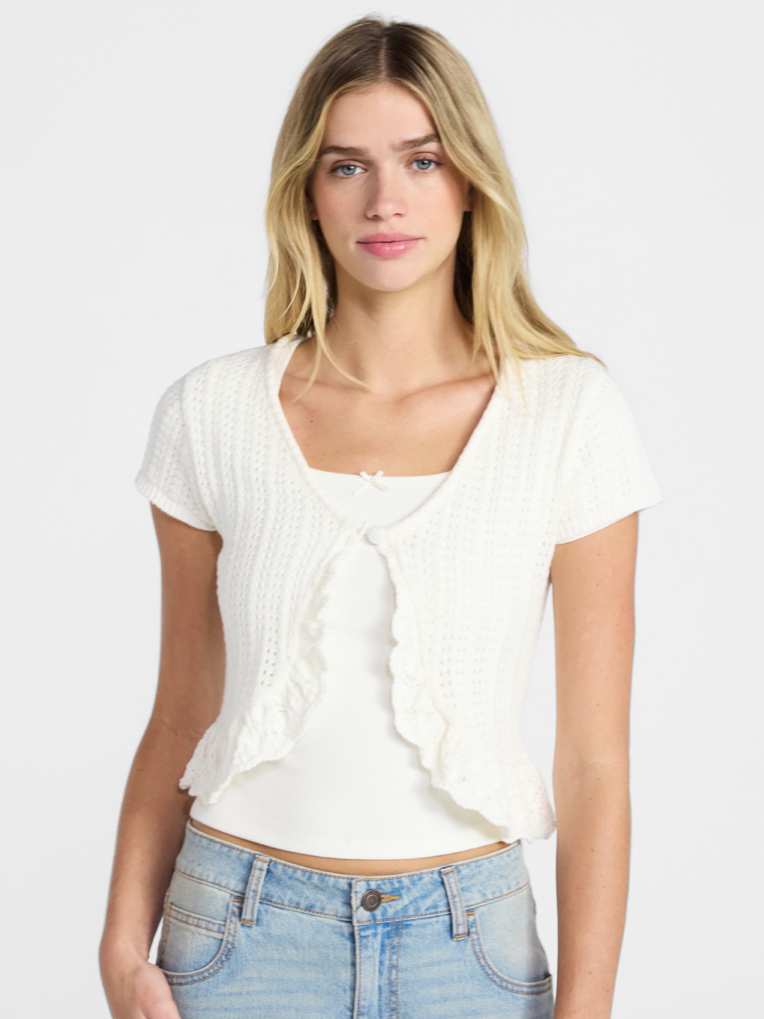 No Boundaries V-Neck Pointelle Cardigan with Short Sleeves