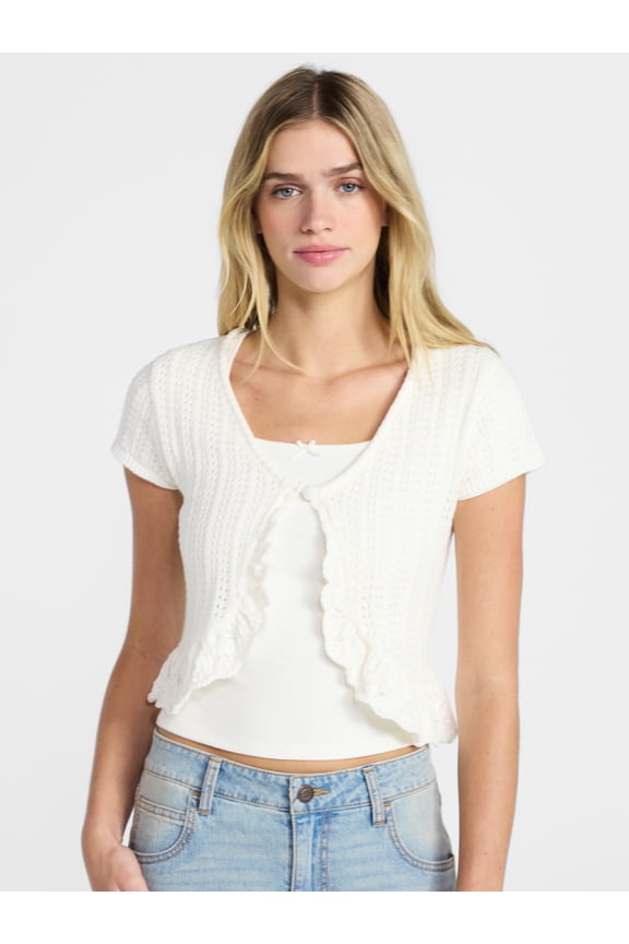 V-Neck Pointelle Cardigan with Short Sleeves, Women's XXS-XXL