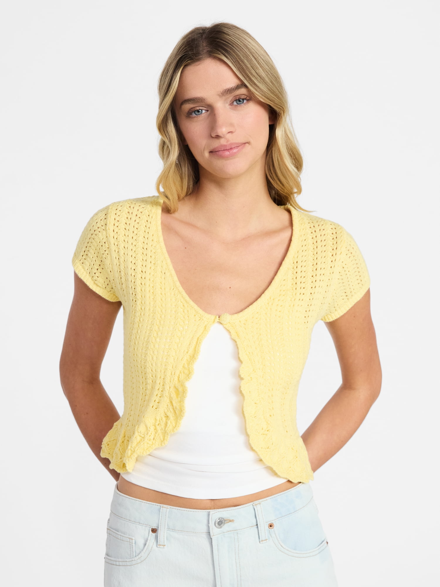 No Boundaries V-Neck Pointelle Cardigan with Short Sleeves, Women's XXS-XXL