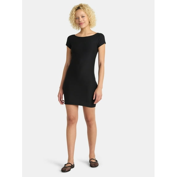 No Boundaries Scoop Neck Mini Dress with Short Sleeves, Women’s